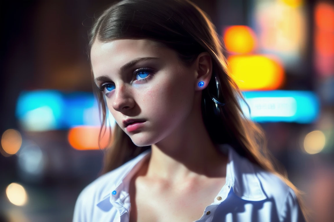 film style, shot photo of the most beautiful artwork in the world featuring a modern female girl, (no bra:1.4), blue eyes, small lips, colorless lipstick, slow motion, reflections, realistic, highly detailed, cyberpunk, ((sexy girl)), ((((open shirt)))), (small breasts:1.5), ((futuristic tokyo)), ((neon lights)), night, intricate, large scale, realistic proportions, smooth, sharp focus, 8k, dramatic, photorealistic painting art by midjourney and greg rutkowski