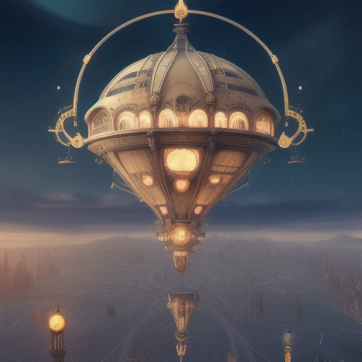 a floating city in a night sky, with steampunk art nouveau architecture and dirigibles floating in the air, cityscape, trending on artstation