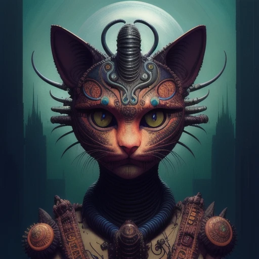 cheshire cat, aztec god, alien, highly detailed, cinematic, 8 k, by megan duncanson, benjamin lacombe, adrian borda, stanley artgermm, tom bagshaw, craig mullins, carne griffiths, ayami kojima, beksinski, giger, trending on deviantart, hyper detailed, horror, full of colour