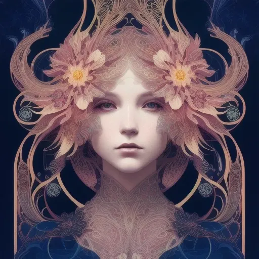 human flower by Android Jones, Earnst Haeckel, James Jean. behance contest winner, generative art, Baroque, intricate patterns, fractalism, movie still, photorealistic, vibrant peacock feathers, intricate, elegant, highly detailed, digital painting, artstation, smooth, sharp focus, illustration, illuminated lines, outrun, vaporware, intricate venetian patterns, cyberpunk darksynth, by audrey kawasaki and ilya kuvshinov and alphonse mucha, generative art, Baroque, intricate patterns, fractalism, movie still, photorealistic