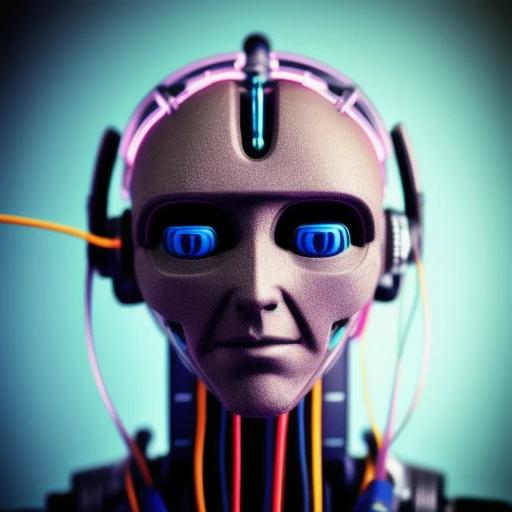 An humanoid with an open head that has wires protruding from it that connect to a computer, cyberpunk, EOS-1D, f/1.4, ISO 200, 1/160s, 8K, RAW, unedited, symmetrical balance, in-frame