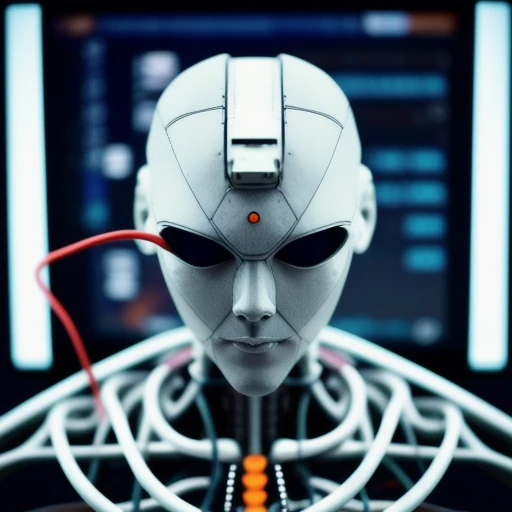 An humanoid with an open head that has wires protruding from it that connect to a computer, cyberpunk, EOS-1D, f/1.4, ISO 200, 1/160s, 8K, RAW, unedited, symmetrical balance, in-frame