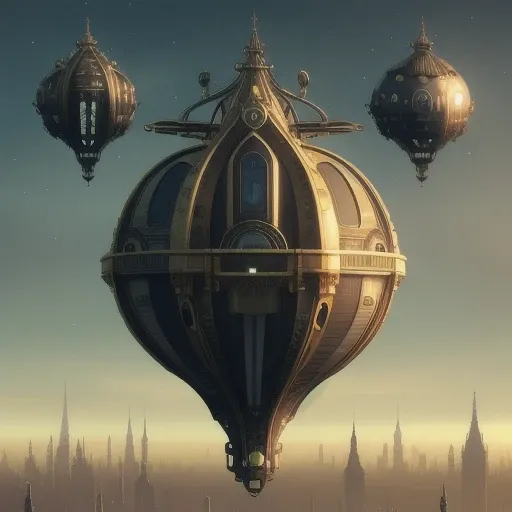 a floating city in a night sky, with steampunk art nouveau architecture and dirigibles floating in the air, cityscape, trending on artstation