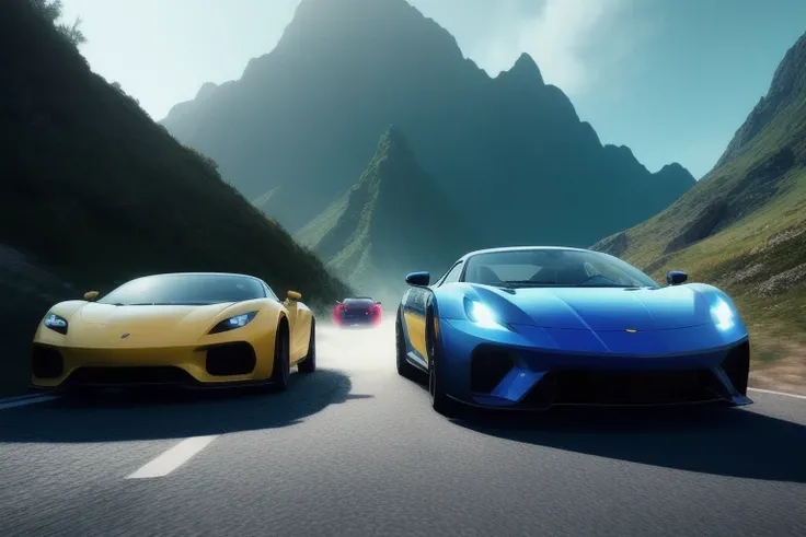 The car chase scene is set on a winding mountain road, with two sleek sports cars racing ahead of a pack of four police cars. The sports cars, driven by a pair of skilled criminals, weave in and out of traffic, narrowly avoiding collisions and leaving a trail of dust and debris in their wake.
dramatic angle, ornate, details, smooth, sharp focus, illustration, realistic, cinematic, artstation, award winning, rgb , unreal engine, octane render, cinematic light, macro, depth of field, blur, blue sky, highly detailed epic cinematic concept art CG render made in Maya, Blender and Photoshop, excellent composition, dynamic dramatic cinematic lighting, aesthetic,