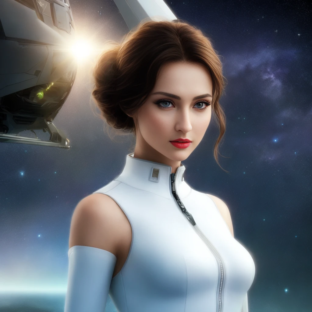 hyperrealistic painting of 21 year russian girl, cute girl, innocent face, unique nose, professional, zeiss lens, (wide hips:1), slim waist, full body, modelshoot,
(innocent:1.2), (big eyes),
(sexy:1.2), (open zipper:1), (cleavage:1.1),
(baggy jumpsuit, white space suit, white combat armor:0.5),
(detailed eyes:1.1), eyeshadow, red lips, deep starry eyes,
white blue spaceship futuristic, tron, straight angled lines,
posing next to small aircraft spaceship, landing bay, high heels, hangar, reflective floor, reflection, glass,
(playful:1), happy, (joyful:1), excited, (smiling:0.5),
(dramatic lighting), cinematic lighting, volumetric lighting, subsurface scattering, backlight, chromatic abberation, bloom, 8k, 4k, depth of field,
masterpiece, behance hd, deviantart hd, artstation hd,
(woman with brown green eyes:1.2), wind, clean, particles,
fantasy scene, movie poster, complex background, dream, space, stars, galaxy, planets