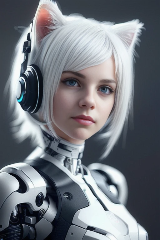 a beautiful cute young kitten cyborg girl with white hair, [[[headset]]] posing, (((photo realistic))), 4k, hdr, octane render, ((volumetric lighting)), sharp focus, vignette, trending on artstation, cgsociety ,[[cyberpunck]], <lora:itrobo2022Highly_12Lora:0.4>