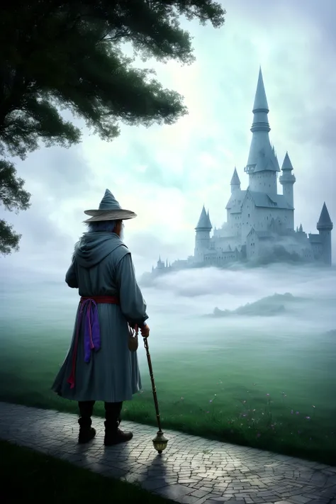 Misty morning, clouds in the sky, Without warning, the wizard walks by, Casting his shadow, weaving his spell, Funny clothes, tinkling bell, dreamlikeart