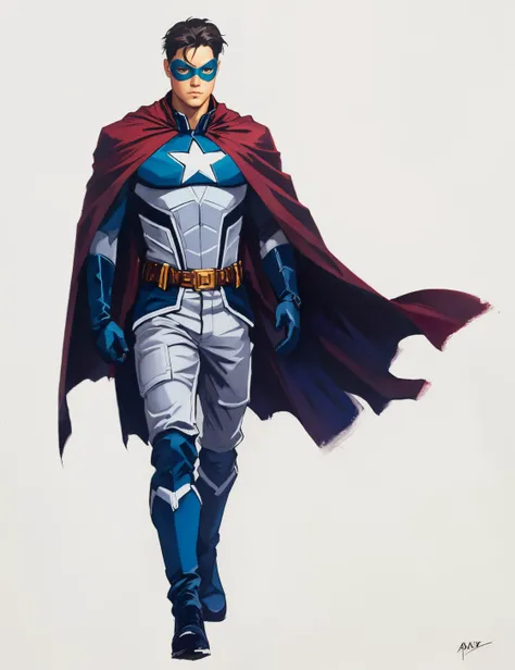 modelshoot style, black domino mask, eyes hidden by mask, 1boy, superhero, solo, hands_on_hips, cape, mask, superhero suit with blue highlights, muscled body, full_body character portrait, muscular, belt, boots, white_background, blue_cape, (domino mask:1.3) on face, character art, a character portrait, white background, character portrait, masterpiece, (art by Alex Ross:1.2), detailed face, painting by Ed Blinkey, Atey Ghailan, Studio Ghibli, by Jeremy Mann, Greg Manchess, Antonio Moro, alphonse mucha, trending on ArtStation, trending on CGSociety, Intricate, High Detail, Sharp focus, dramatic, photorealistic painting art by midjourney and greg rutkowski,