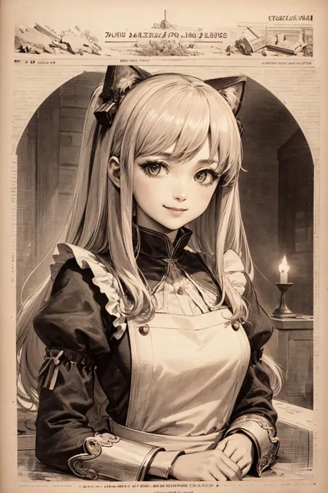 (masterpiece:1.15), (best quality), (detailed), (highres), (npzw, text:1.1), monochrome, sepia, upper body, 1girl, Tio Plato, smile, long hair, maid outfit, cat ears <lyco:char_tioPlatoKisekiGames_v10:0.7> <lyco:npzw-05:1.0>