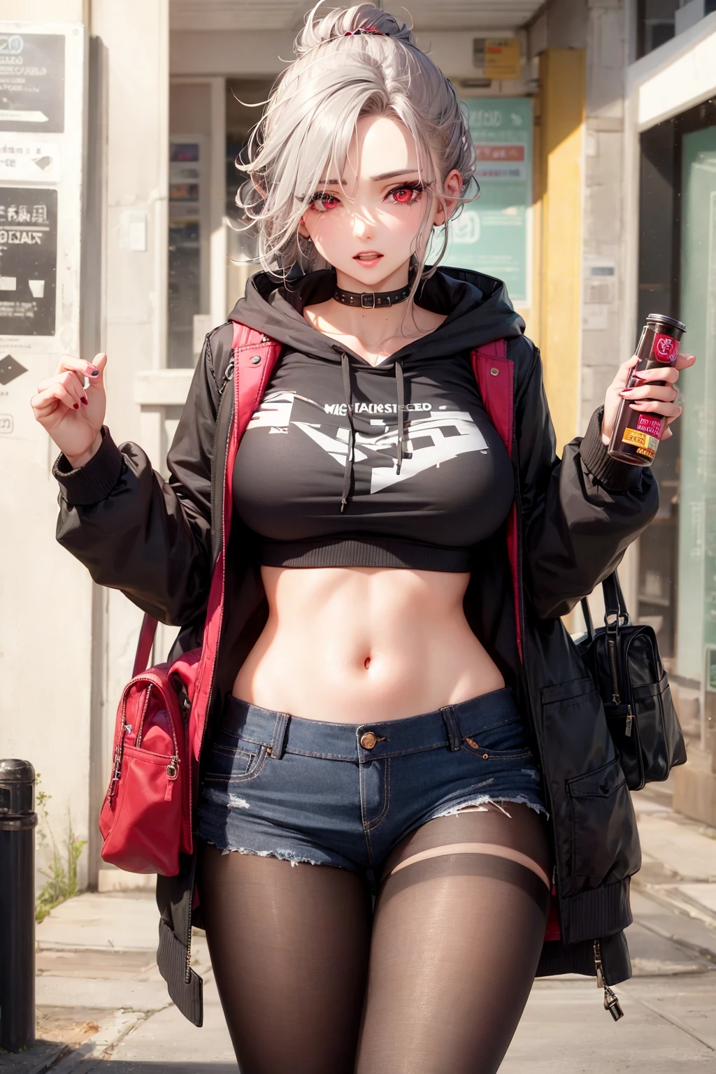 ash grey hair, updo hairstyle, streaks of hair in face, red eyes, mascara, oversized hoodie, midriff, hot pants, tights, bags under eyes, saggy tits, chocker, goth girlfriend, hyper realistic, raw photography, 8k, masterwork,