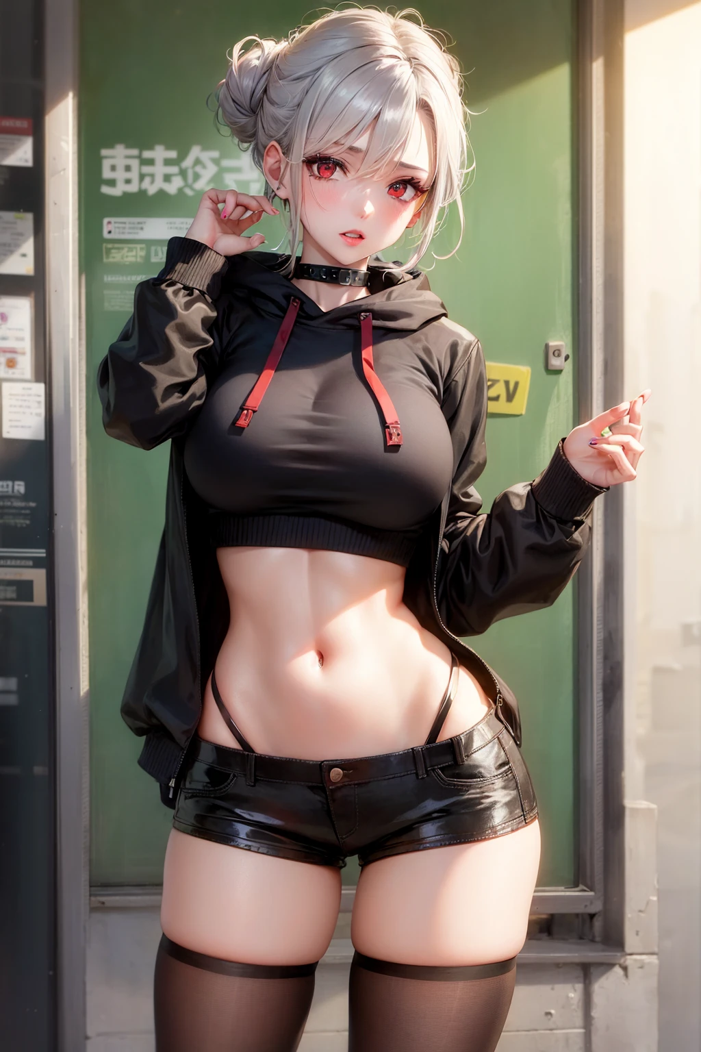 ash grey hair, updo hairstyle, streaks of hair in face, red eyes, mascara, oversized hoodie, midriff, hot pants, tights, bags under eyes, saggy tits, chocker, goth girlfriend, hyper realistic, raw photography, 8k, masterwork,
