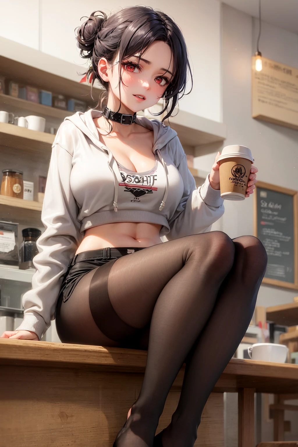 ash grey hair, updo hairstyle, streaks of hair in face, red eyes, mascara, oversized hoodie, midriff, hot pants, tights, laced tights, bags under eyes, sitting, coffee shop, ground angle shot, viewer looking up, feet in tights, saggy tits, chocker, goth girlfriend, hyper realistic, raw photography, 8k, masterwork,
