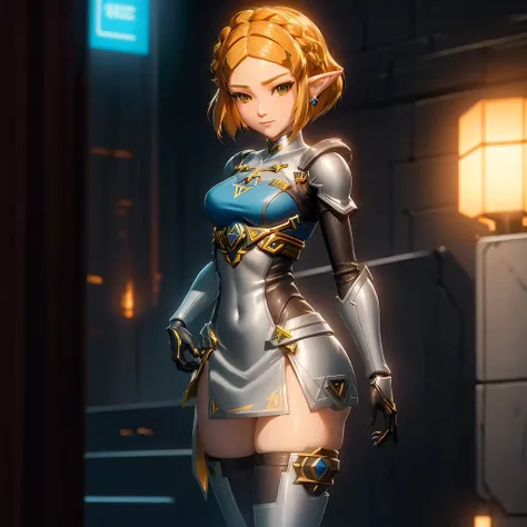 <lora:edgMechagirl:0.5>,edgMechagirl,wearing edgMechaGirl cyber armor,masterpiece,best quality,,zelda\(princess\), 1girl, solo, small breasts,short_hair,dress,portrait,looking at viewer,smile <lora:zelda_shorthair_v5:0.5>