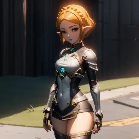<lora:edgMechagirl:0.5>,edgMechagirl,wearing edgMechaGirl cyber armor,masterpiece,best quality,,zelda\(princess\), 1girl, solo, small breasts,short_hair,dress,portrait,looking at viewer,smile <lora:zelda_shorthair_v5:0.5>