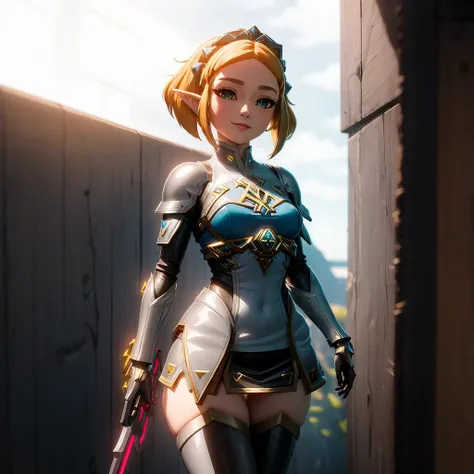 <lora:edgMechagirl:0.5>,edgMechagirl,wearing edgMechaGirl cyber armor,masterpiece,best quality,,zelda\(princess\), 1girl, solo, small breasts,short_hair,dress,portrait,looking at viewer,smile <lora:zelda_shorthair_v5:0.5>