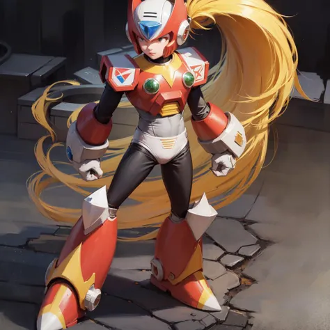 <lora:GoodHands-vanilla:1>,<lora:Zero_MegaMan_X_V-09:1>,(anime style),(pretty and clearly image,masterpiece,cg,best quality,highres, extremely beautiful and delicate,good anatomy:1.3 ),(detailed eyes),perfect face,powerful,manly,1boy,zero_megamanx, blue eyes, blonde hair, ponytail, very long hair, long hair, helmet, android, male focus, full body, facing viewer, dynamic pose,science fiction, impacted,dramatic,detailed background