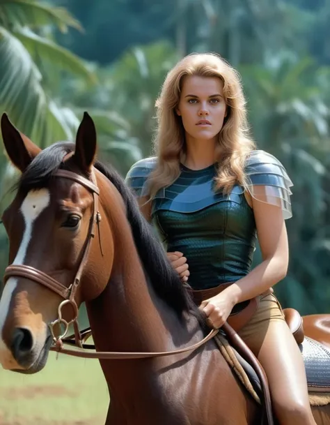 <lora:BarbarellaXL:1> 1980 photo of  24 year old  BarbarellaXL, with her weapon in __cuacasian__ , riding a brown horse as a true amazone, soft lighting, 4k, dslr