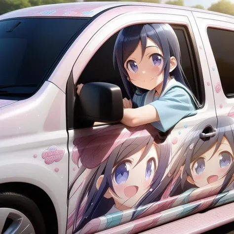 aragaki ayase,school uniform,smile, from side(lapping car,print car,painted car style),masterpiece,best quality, very aesthetic, absurdres, ultra detailed <lora:Ayase_Aragaki_-_Oreimo:0.7> <lora:lappingcar:1>