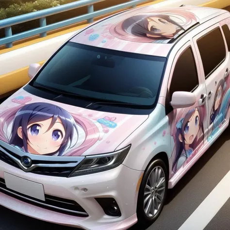 aragaki ayase,smile,vehicle focus, from side(lapping car,print car,painted car style),masterpiece,best quality, very aesthetic, absurdres,  ultra detailed  <lora:Ayase_Aragaki_-_Oreimo:0.7> <lora:lappingcar:1>