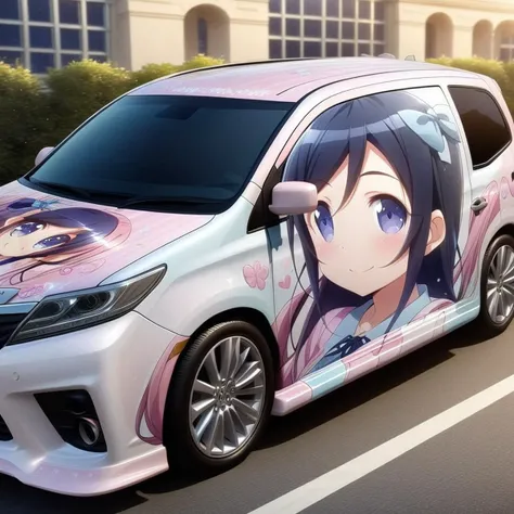 aragaki ayase,smile, from side(lapping car,print car,painted car style),masterpiece,best quality, very aesthetic, absurdres, ultra detailed <lora:Ayase_Aragaki_-_Oreimo:0.7> <lora:lappingcar:1>