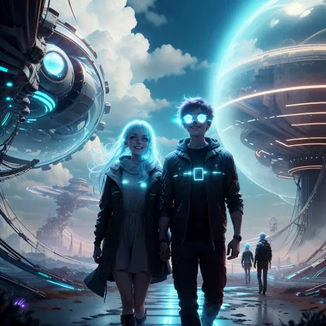 <lora:OpticalTech-60:0.8>,opticaltech ,scifi, optical fibers,inner glow ,
light smile, couple walking in the park, long hair , short hair ,glowing colored hair, glowing eyes,looking at another,