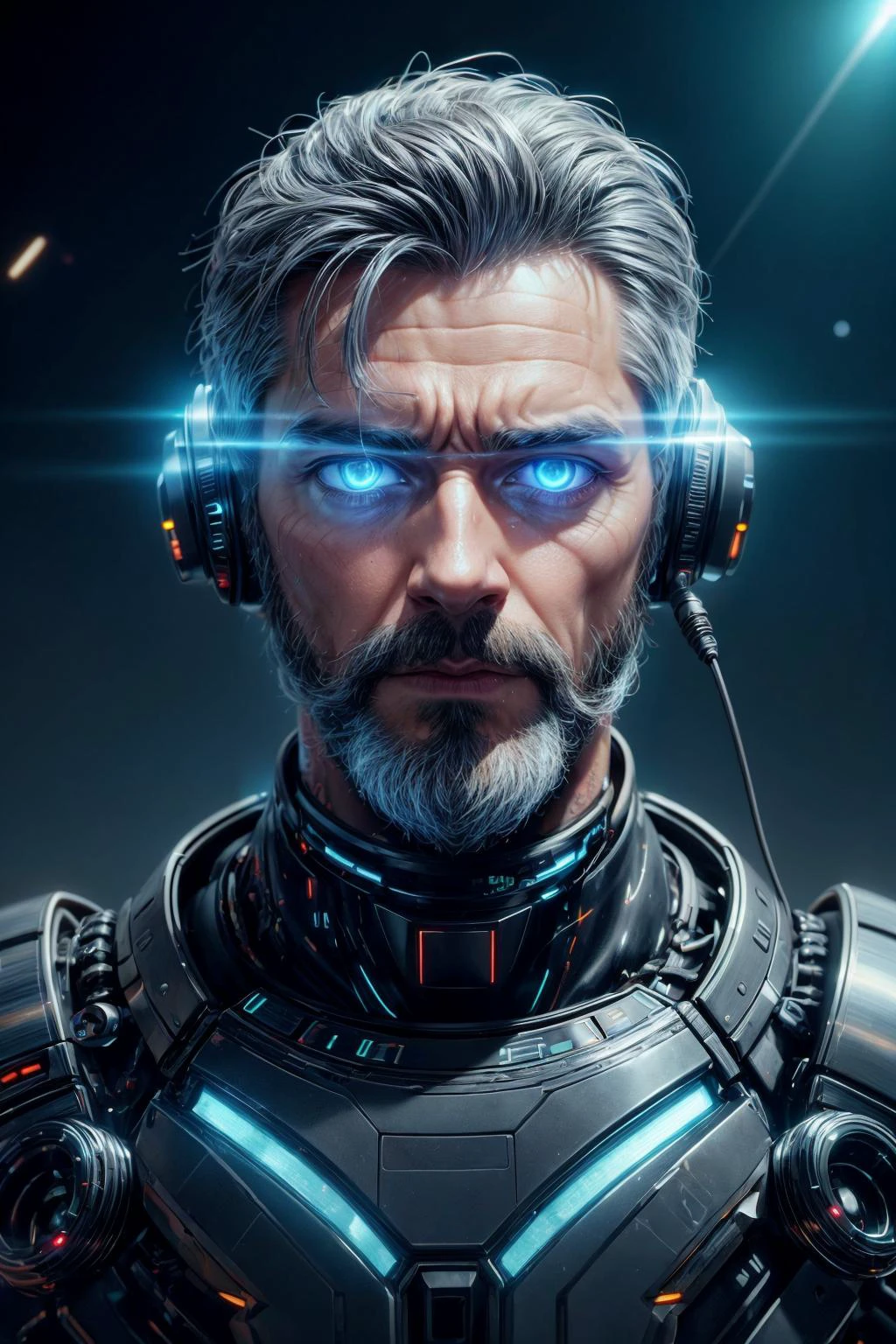 <lora:add_detail:1>
(1man, masculine adult spanish male:1.2), blue eyes, gray hair, fade with beard,
cyborg portrait, (bloody scars:0.7), looking away, solo, (full body:0.6), detailed background, close up, detailed face, (<lora:OpticalTech:0.6>, scifi, inner glow, opticaltech theme:1.1), futuristic shining digital iron armor, rectangular pattern, rivets, wires, nanotech, cybernetic enhancements, antenna, headset, head-up display, epic galactic battlefield in background, white lights, lens flare, neon lights, lasers, electricity, cinematic atmosphere,