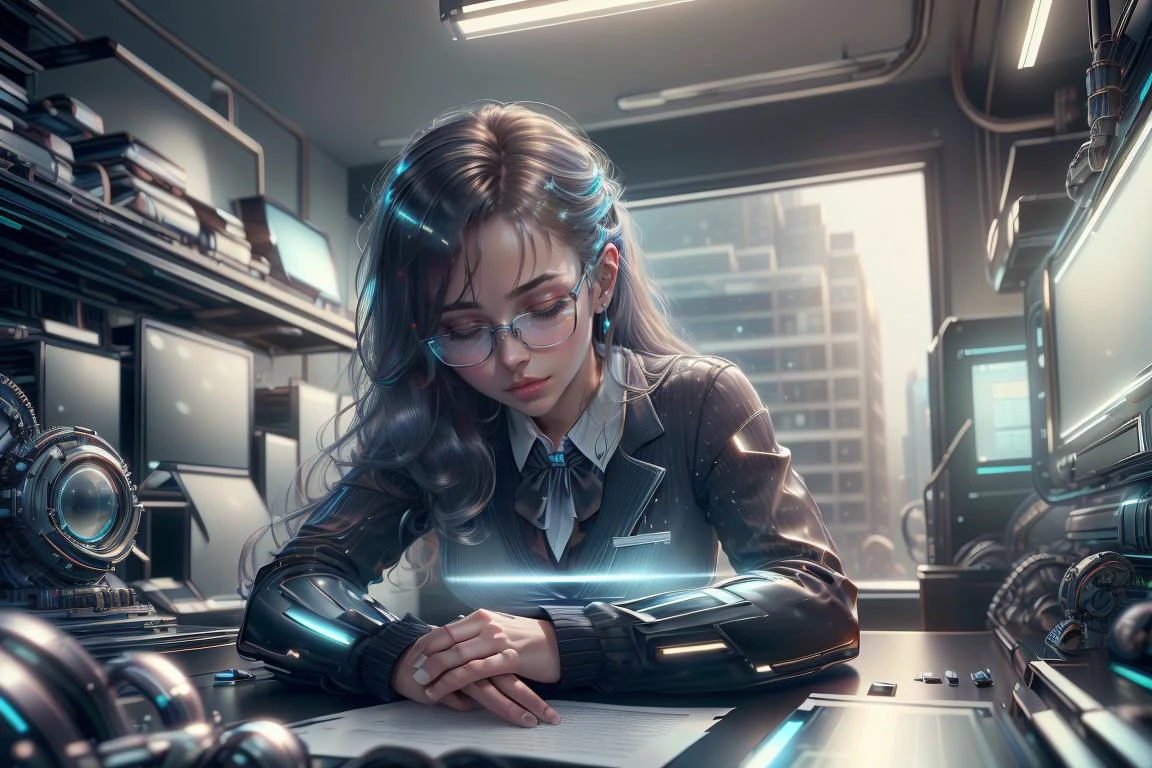 (masterpiece, best quality, realistic, detailed, crisp:1.2), futuristic indoors, (picrure), (1girl, office lady, glasses, sleeping, ),in a office,(routine:1.2),
<lora:ChromeTech-21:0.5> , chrometech , metallic , chrome , scifi, reflective , <lora:OpticalTech-60:0.5> opticaltech , optical fibers, inner glow, <lora:GlassTech-20:0.5> glasstech, transparent,