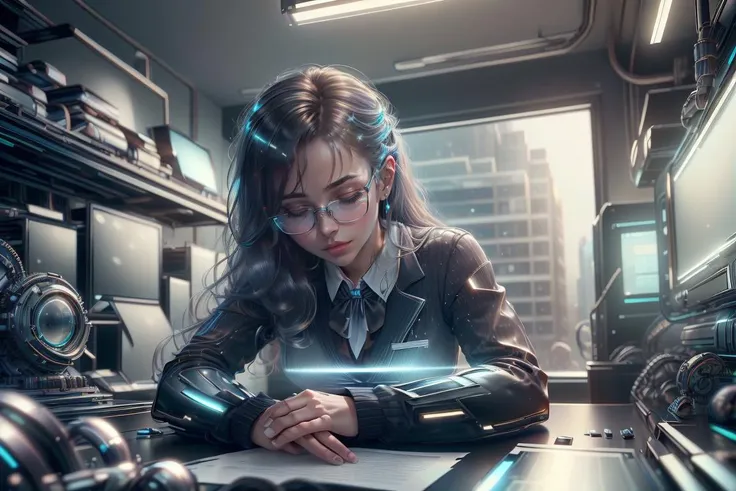 (masterpiece, best quality, realistic, detailed, crisp:1.2),  futuristic indoors, (picrure), (1girl,  office lady, glasses, sleeping, ),in a office,(routine:1.2), 
  <lora:ChromeTech-21:0.5> ,  chrometech , metallic , chrome , scifi,   reflective ,   <lora:OpticalTech-60:0.5> opticaltech , optical fibers, inner glow,  <lora:GlassTech-20:0.5> glasstech, transparent,