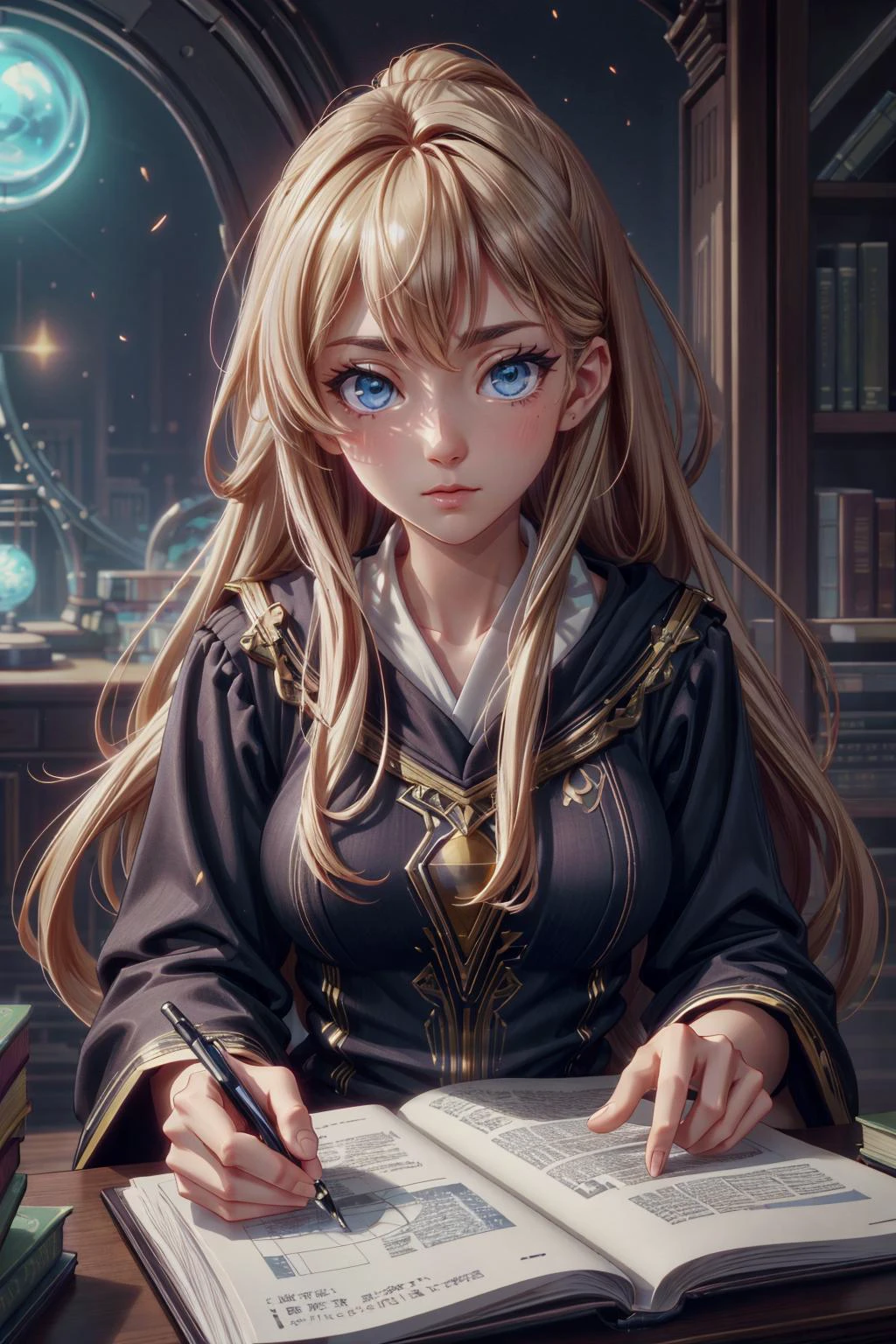 <lora:add_detail:0.75>, <lora:stylesqueeze_v1b:1.0>, <lora:anime3d:0.25>, <lora:sharpen-soften:-0.5>,
1 girl, adult hungarian woman, hazel eyes, dark blonde half-up half-down hairstyle,
Style-GravityMagic, solo, upper body, looking at viewer, detailed background, detailed face, intricate details, (<lora:OpticalTech:0.6>, optical fibers, opticaltech theme:1.1) scholar sitting at desk, scholar robes, researching, surrounded by books, papers, maps, scrolls, glowing magical symbols, abacus, magic aura, floating magical symbols, magic emerging from text, knowledge, intelligence, discovery, library in background, mysterious atmosphere,