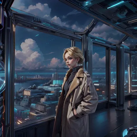 best quality, blond (lady) wearing coat, outdoor, high roof, fence, cityscape from above, opticaltech, scifi, <lora:add_detail:0.5>,  <lora:OpticalTech:1>