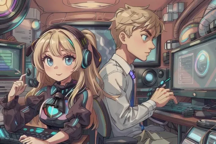 (colorful), best quality, nerdy girl with a blond guy, (couple), opticaltech, (both) doing things on computer, <lora:OpticalTech:1>, <lora:add_detail:1>