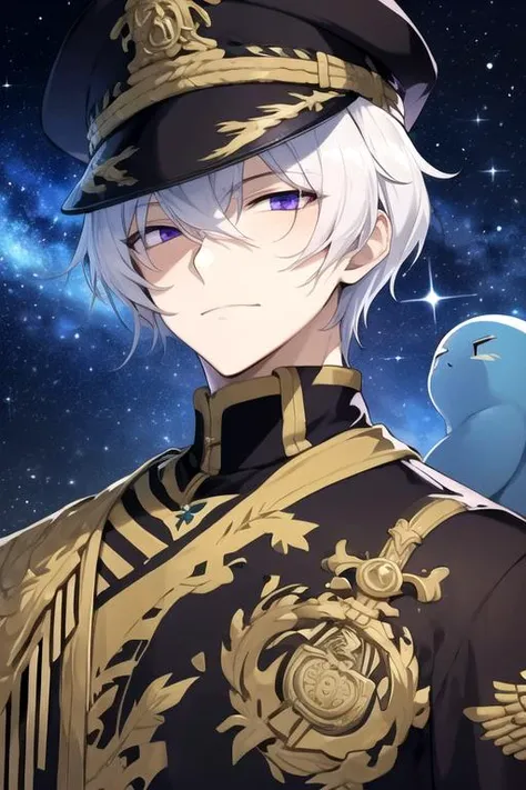 masterpiece, best quality, , 1boy, solo, male focus, looking at viewer, upper body, , <lora:ayanami_07-ghost:0.70>, ayanami_07-ghost, white hair, purple eyes, hat, galactic warrior costume, military science fiction, 16k resolution