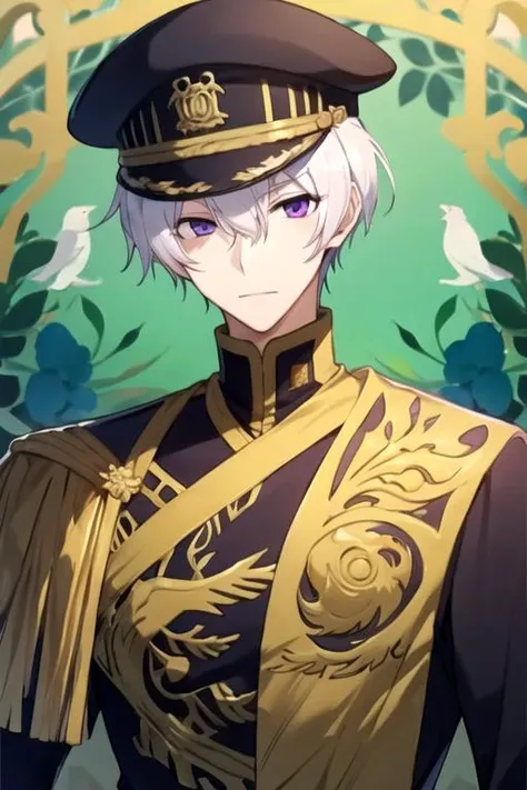 masterpiece, best quality, , 1boy, solo, male focus, looking at viewer, upper body, , <lora:ayanami_07-ghost:0.70>, ayanami_07-ghost, white hair, purple eyes, hat, dalmatian costume, fairytale,
