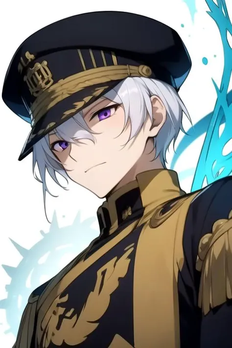 masterpiece, best quality, sketch, 1boy, solo, male focus, looking at viewer, upper body, depth of field, <lora:ayanami_07-ghost:0.70>, ayanami_07-ghost, white hair, purple eyes, hat, butler costume, science fiction xenopunk, High definition