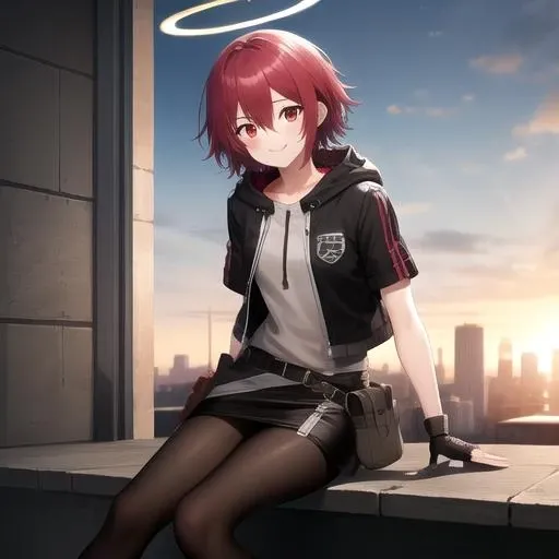 ((masterpiece)),(best quality),official art,extremely detailed CG,unity 8k wallpaper,ultra detailed,1girl,solo,halo,black_pantyhose,red_hair,short_hair,grey_shirt,looking_at_viewer,black_gloves,white_jacket,black_footwear,fingerless_gloves,hair_between_eyes,black_skirt,bangs,shoes,belt,open_jacket,smile,open_clothes,short_sleeves,hood,red_eyes,miniskirt,belt_pouch,<lora:Exusiai(ark)>,