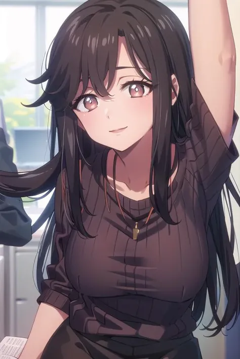 saoriohtori, <lora:saoriohtoritest:0.8>, saori ohtori, long hair, black hair, (brown eyes:1.5), smile,
BREAK skirt, collarbone, black skirt, sweater, ribbed sweater,
BREAK looking at viewer,
BREAK indoors, office,
BREAK <lora:GoodHands-vanilla:1>, (masterpiece:1.2), best quality, high resolution, unity 8k wallpaper, (illustration:0.8), (beautiful detailed eyes:1.6), extremely detailed face, perfect lighting, extremely detailed CG, (perfect hands, perfect anatomy),