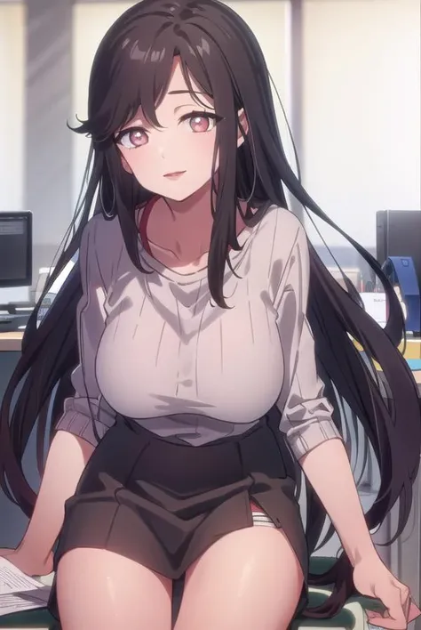 saoriohtori, <lora:saoriohtoritest:0.8>, saori ohtori, long hair, black hair, (brown eyes:1.5), smile, lips, lipstick, lips, red lips,
BREAK skirt, collarbone, black skirt, sweater, ribbed sweater,
BREAK looking at viewer,
BREAK indoors, office,
BREAK <lora:GoodHands-vanilla:1>, (masterpiece:1.2), best quality, high resolution, unity 8k wallpaper, (illustration:0.8), (beautiful detailed eyes:1.6), extremely detailed face, perfect lighting, extremely detailed CG, (perfect hands, perfect anatomy),