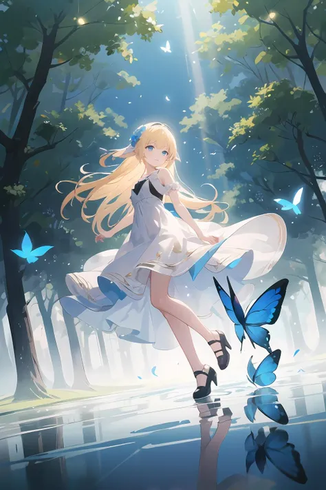 ((masterpiece,best quality)), <lora:GoodHands-beta2:1>,tyndall effects, reflection light,ray tracing,god rays,forest, blonde hair, long hair,blue eyes, pointy ears, small breasts, white sundress,anadem, hair flower, flying blue butterfly,