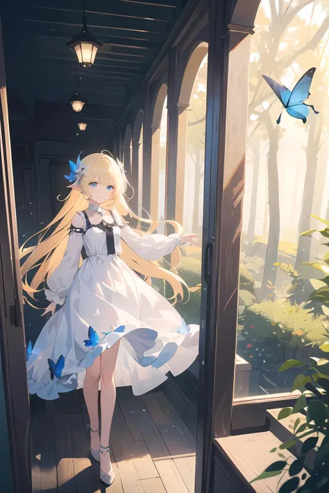 ((masterpiece,best quality)), <lora:GoodHands-beta2:1>,tyndall effects, reflection light,ray tracing,god rays,forest, blonde hair, long hair,blue eyes, pointy ears, small breasts, white sundress,anadem, hair flower, flying blue butterfly,