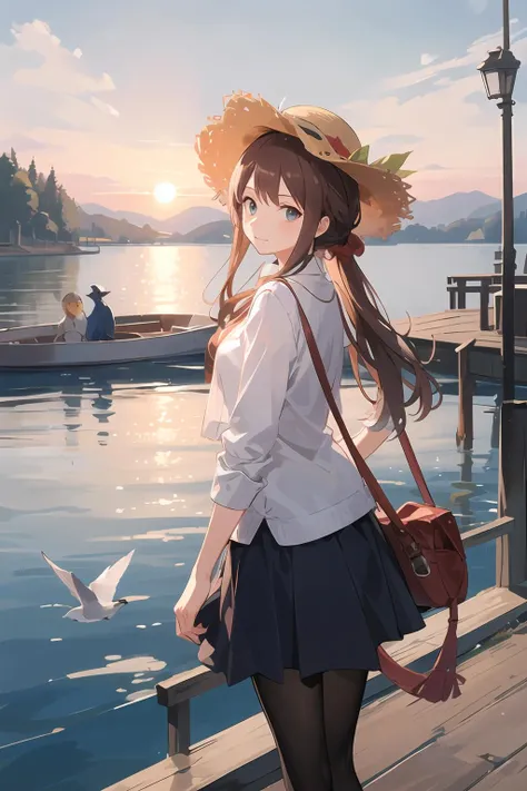 ((masterpiece,best quality)), <lora:GoodHands-beta2:1>,1girl,solo, one piece,pantyhose,straw hat,lake, sunset,  boat, bird, (cowboy shot), dock,,