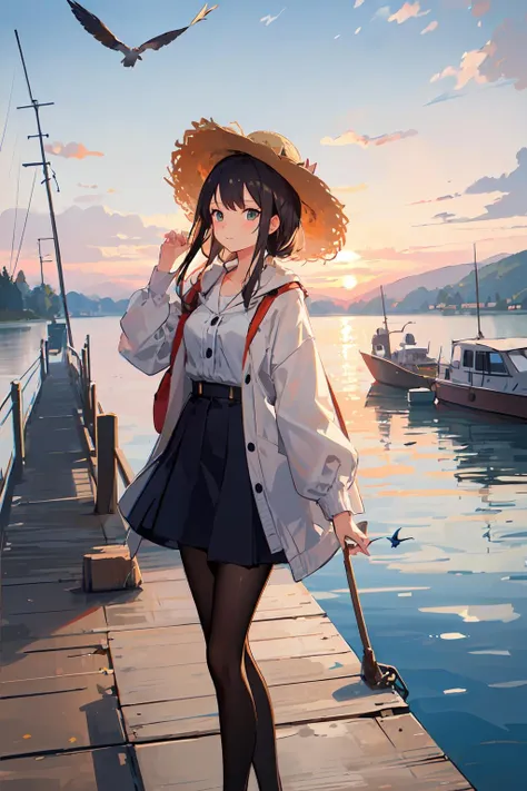 ((masterpiece,best quality)), <lora:GoodHands-vanilla:1>,1girl,solo, one piece,pantyhose,straw hat,lake, sunset,  boat, bird, (cowboy shot), dock,,