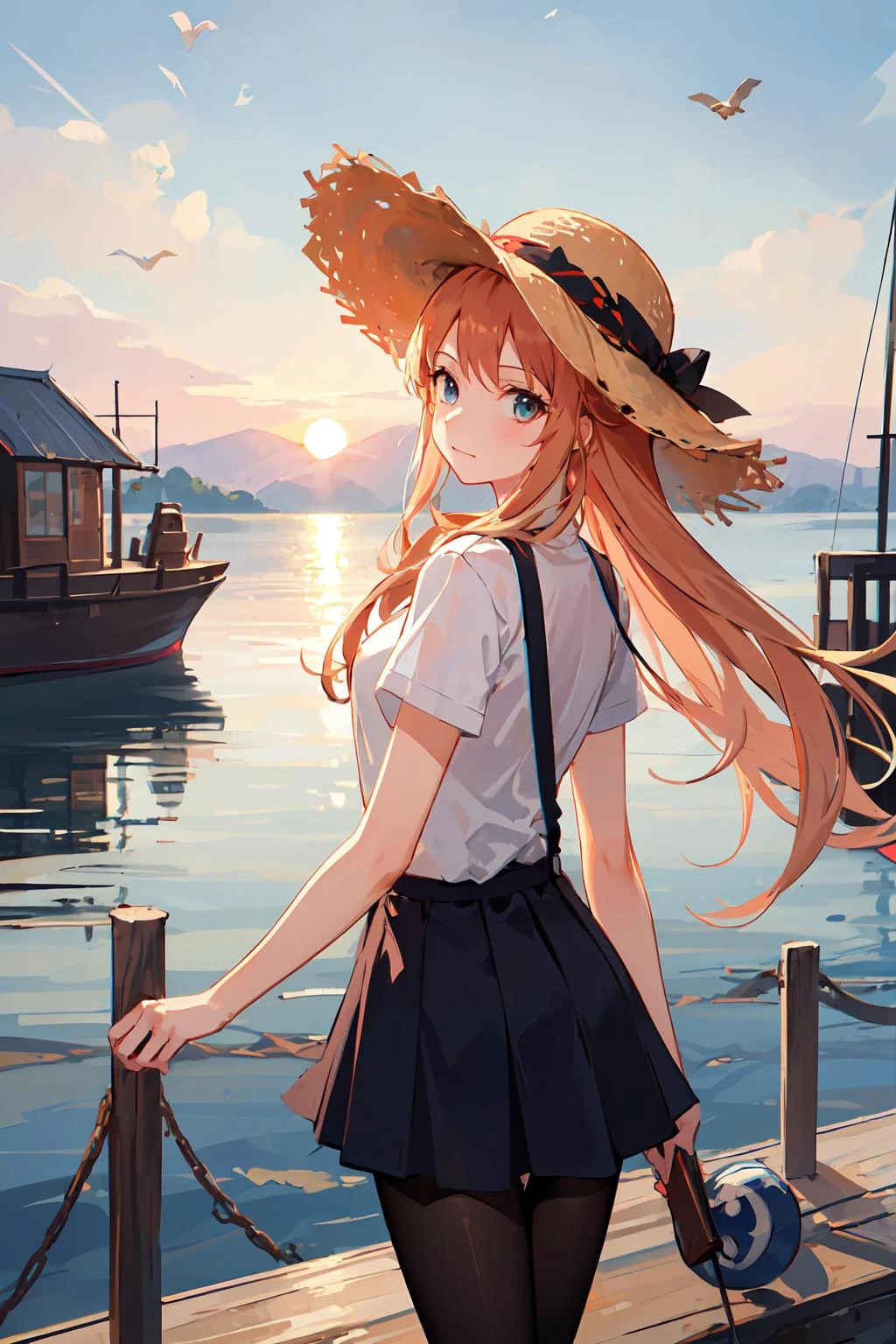 ((masterpiece,best quality)), <lora:GoodHands-vanilla:1>,1girl,solo, one piece,pantyhose,straw hat,lake, sunset, boat, bird, (cowboy shot), dock,,