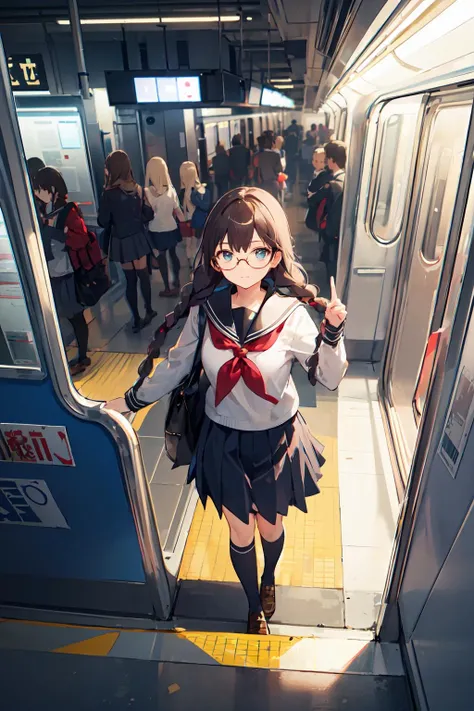 ((masterpiece,best quality)), <lora:GoodHands-vanilla:1>,from above,depth of field,1girl, school uniform, twin braids, glasses, subway station,subway,train station, people