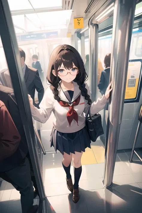 ((masterpiece,best quality)), <lora:GoodHands-beta2:1>,from above,depth of field,1girl, school uniform, twin braids, glasses, subway station,subway,train station, people