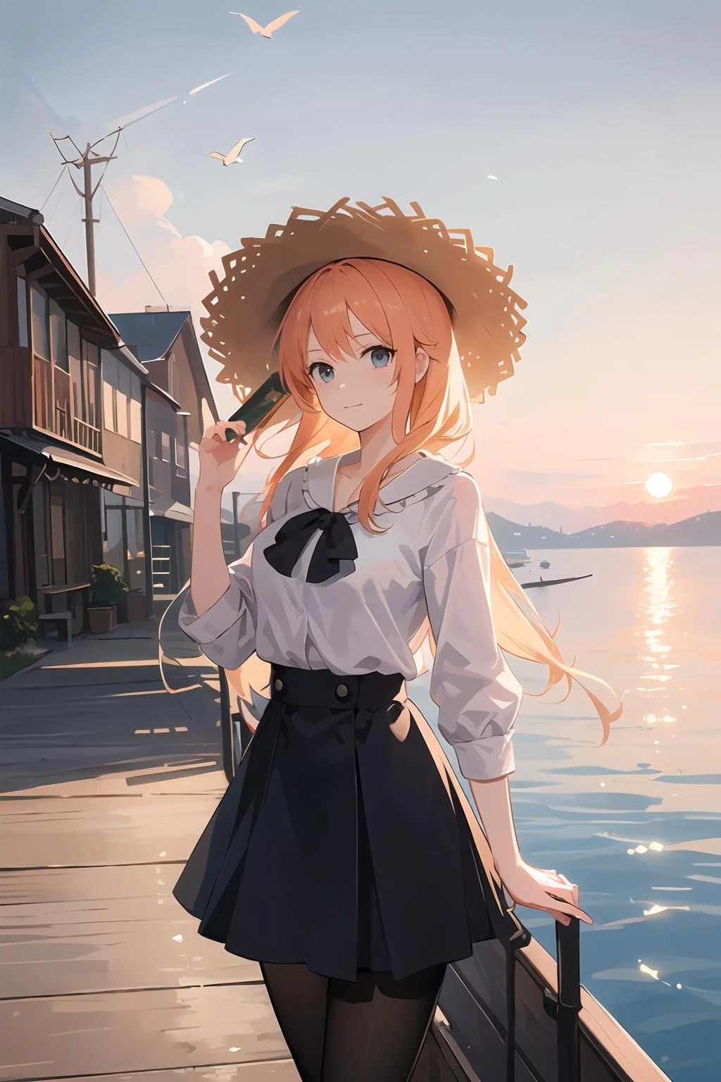((masterpiece,best quality)), <lora:GoodHands-beta2:1>,1girl,solo, one piece,pantyhose,straw hat,lake, sunset, boat, bird, (cowboy shot), dock,,
