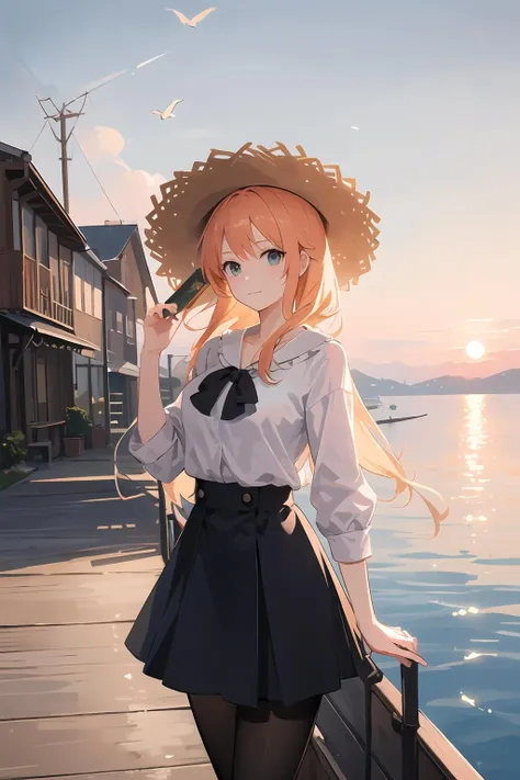 ((masterpiece,best quality)), <lora:GoodHands-beta2:1>,1girl,solo, one piece,pantyhose,straw hat,lake, sunset,  boat, bird, (cowboy shot), dock,,