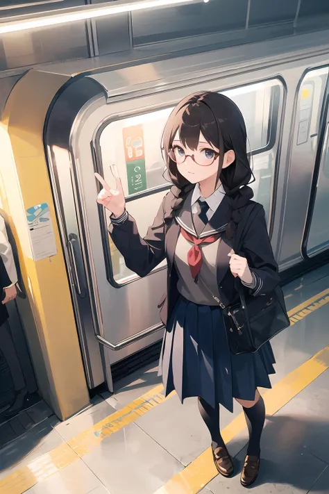 ((masterpiece,best quality)), <lora:GoodHands-beta2:1>,from above,depth of field,1girl, school uniform, twin braids, glasses, subway station,subway,train station, people