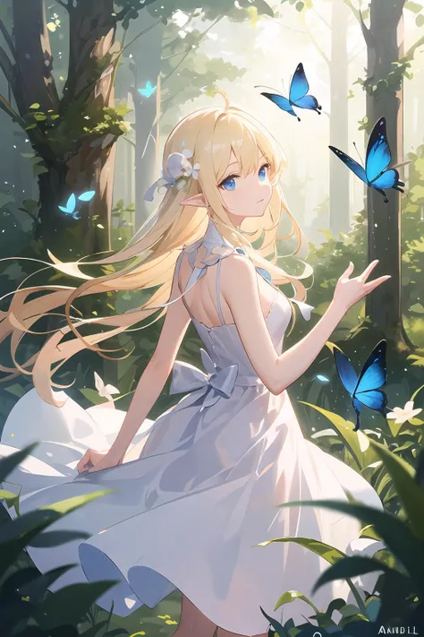 ((masterpiece,best quality)), <lora:GoodHands-beta2:1>,tyndall effects, reflection light,ray tracing,god rays,forest, blonde hair, long hair,blue eyes, pointy ears, small breasts, white sundress,anadem, hair flower, flying blue butterfly,