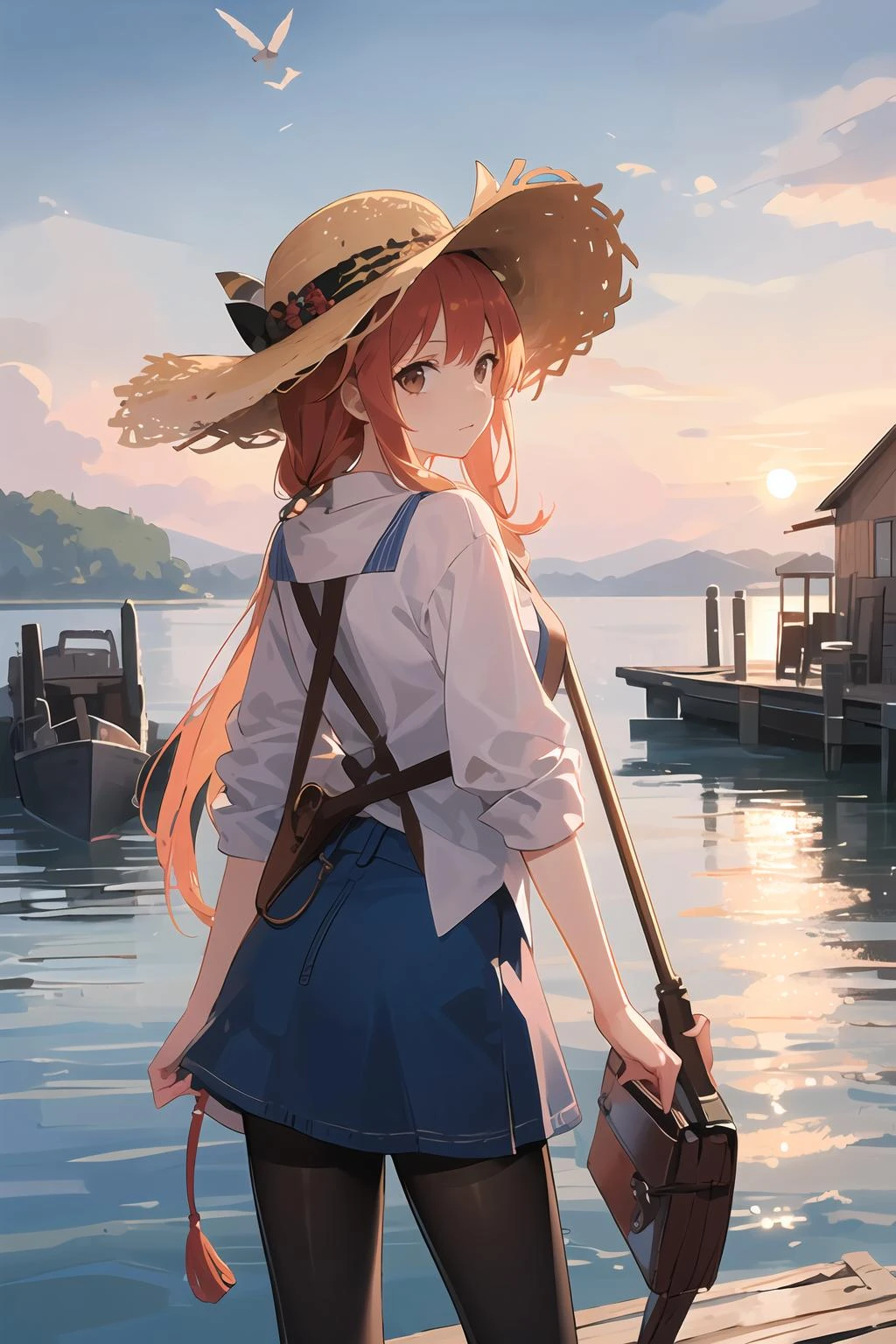 ((masterpiece,best quality)), <lora:GoodHands-beta2:1>,1girl,solo, one piece,pantyhose,straw hat,lake, sunset, boat, bird, (cowboy shot), dock,,