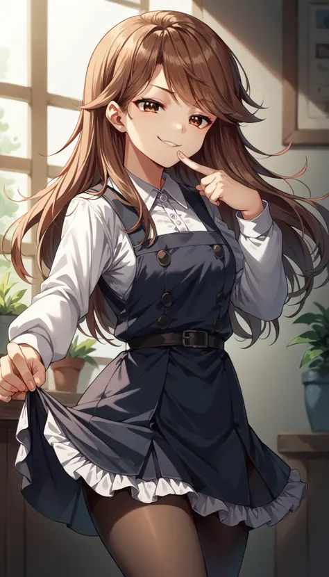 score_9, score_8_up, score_7_up, source_anime, solo,game cg, <lora:arashio:1>arashioKC, long hair, pinafore dress, frilled dress, shirt, long sleeves, pantyhose,brown hair, side swept bangs, messy bangs,skirt lift,hem pinch ,smug,finger to mouth <lora:light_sharp_style_magin3.1:1.5>